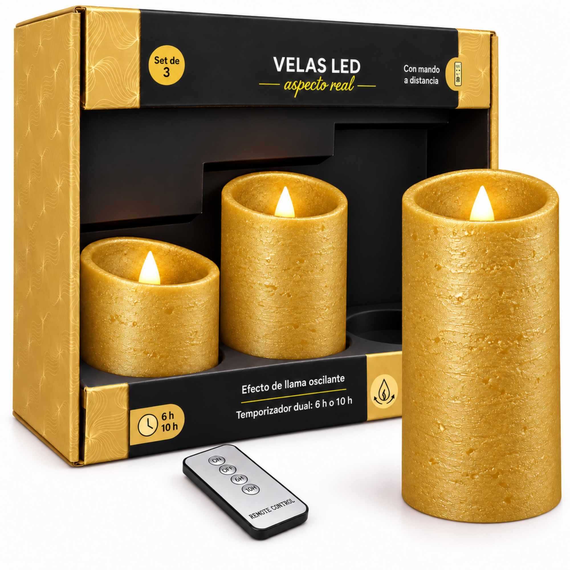 Pack 3 Velas LED Efecto Llama con Mando a Distancia color Dorado - imagen 1