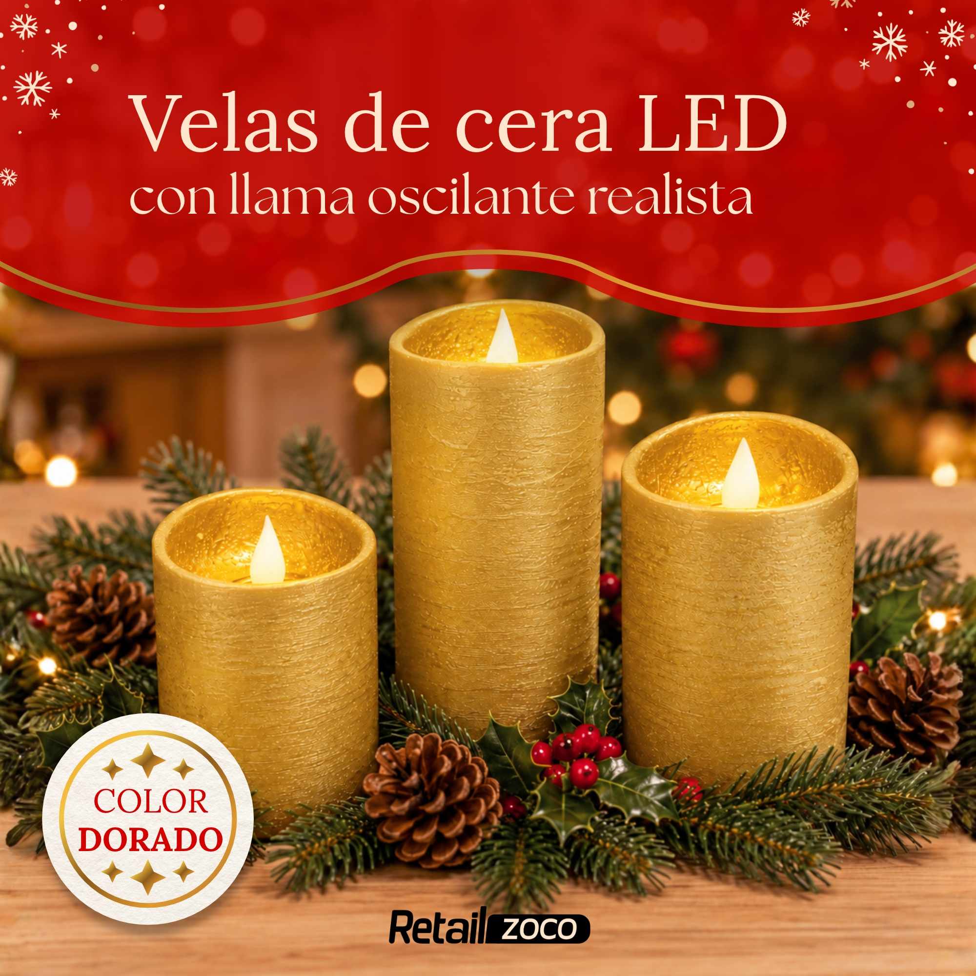 Pack 3 Velas LED Efecto Llama con Mando a Distancia color Dorado - imagen 2