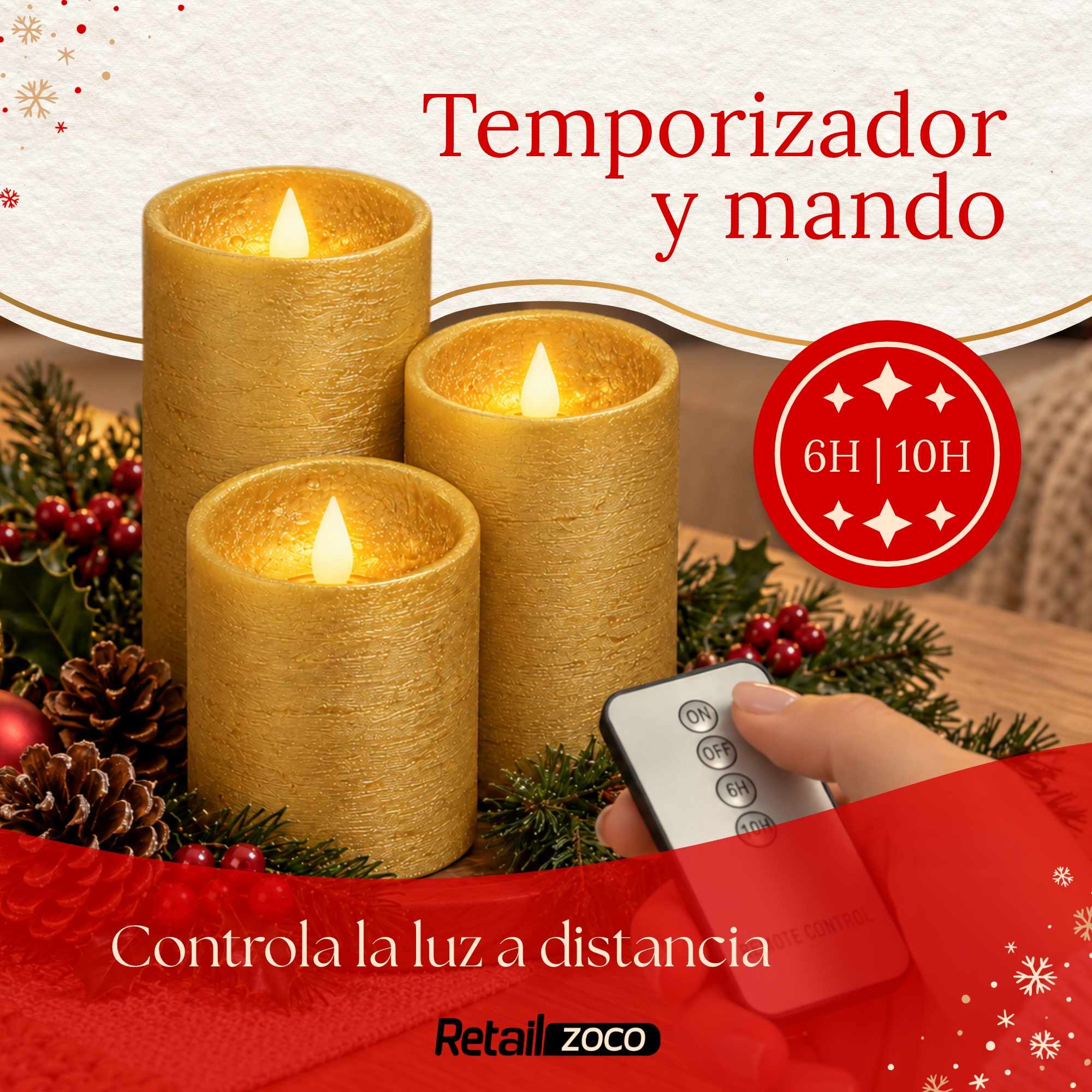 Pack 3 Velas LED Efecto Llama con Mando a Distancia color Dorado - imagen 3