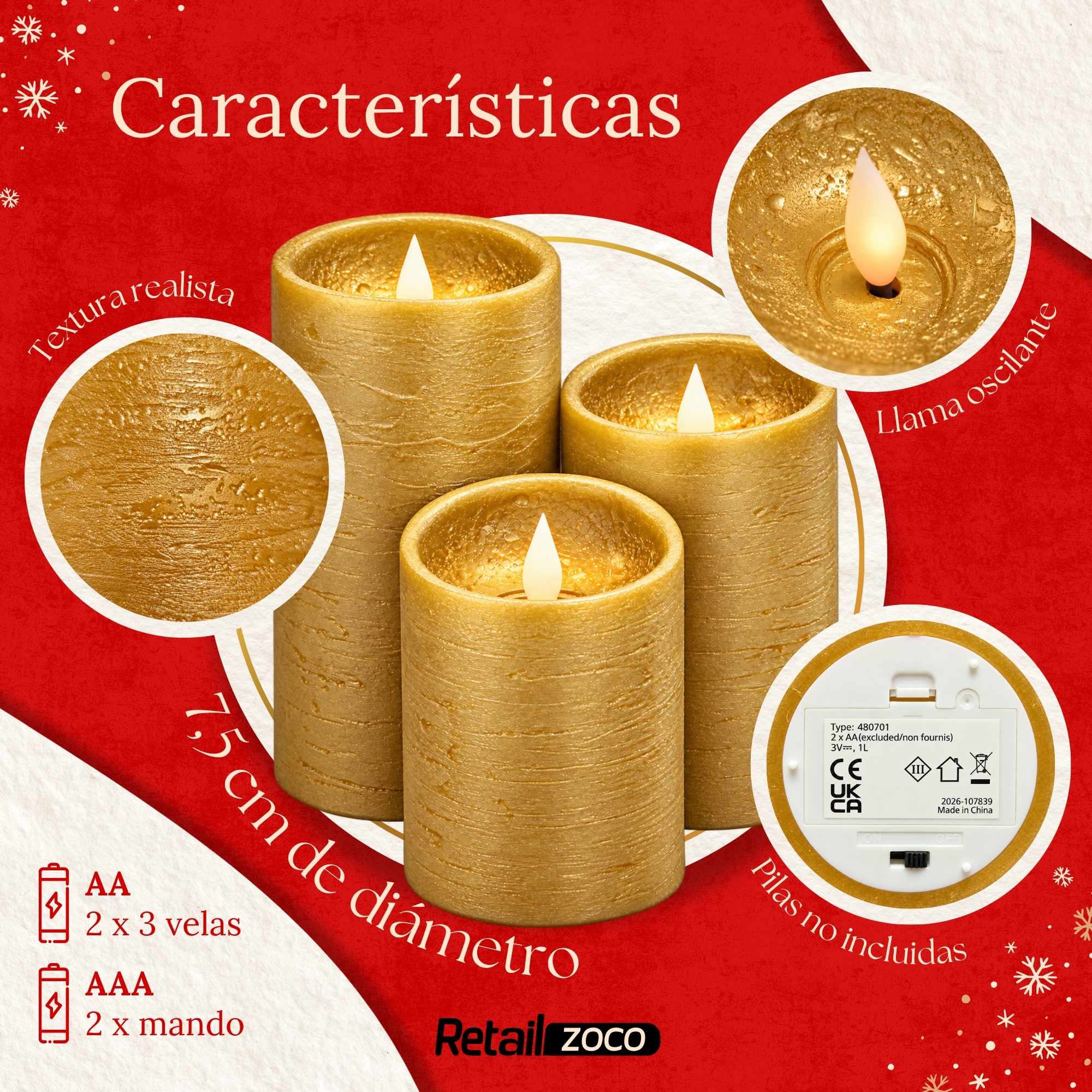 Pack 3 Velas LED Efecto Llama con Mando a Distancia color Dorado - imagen 4