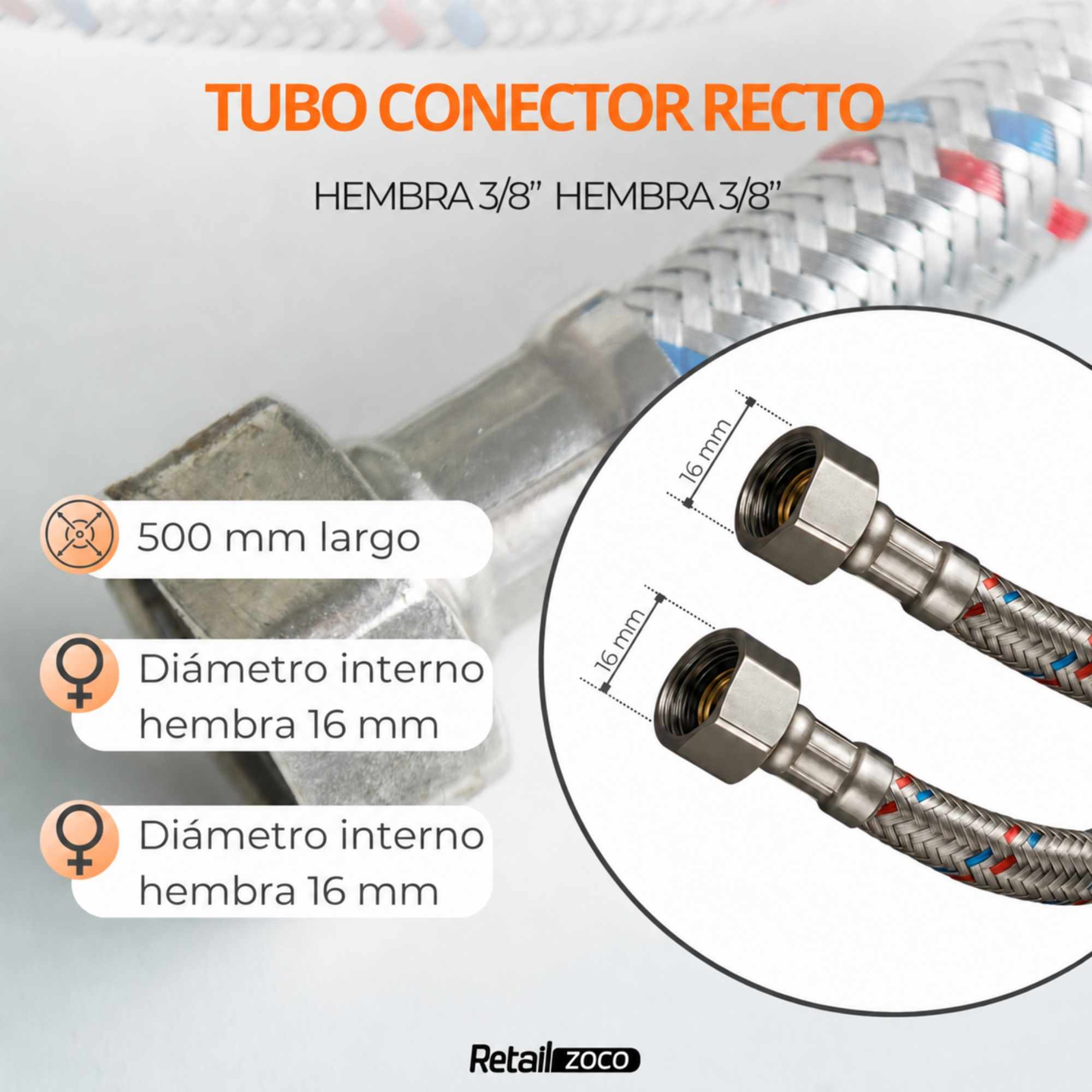 Latiguillo de Grifo Flexible 50 cm Hembra 3/8 a Hembra 3/8 - imagen 6