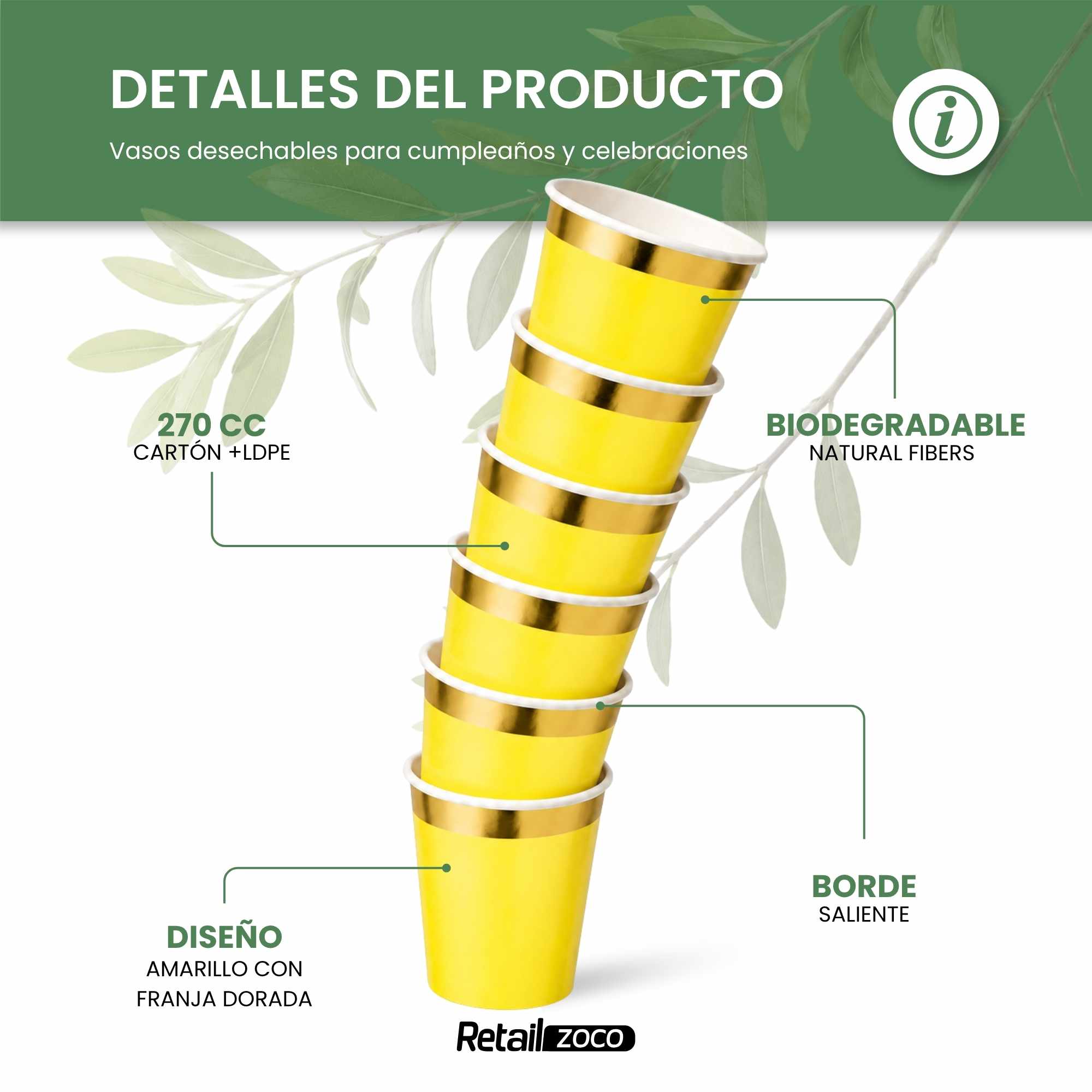 Vasos de carton Amarillos Pack 6 unidades 270 cc - imagen 2