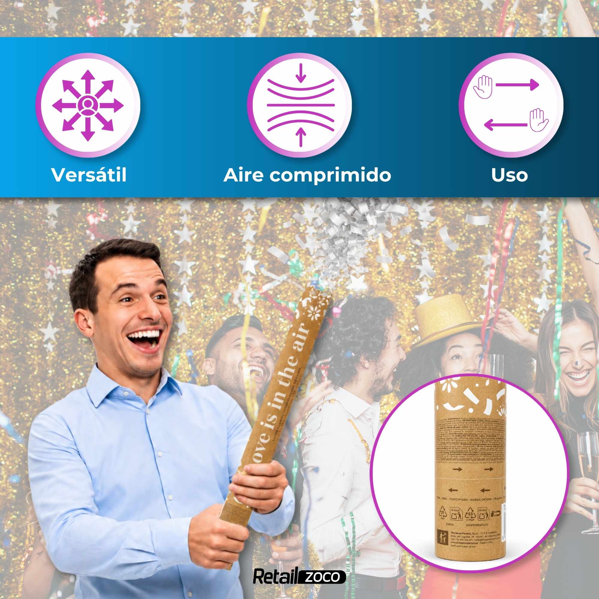 Cañón confeti de fiesta Tiras Blancas Biodegradable 60 cm - imagen 5