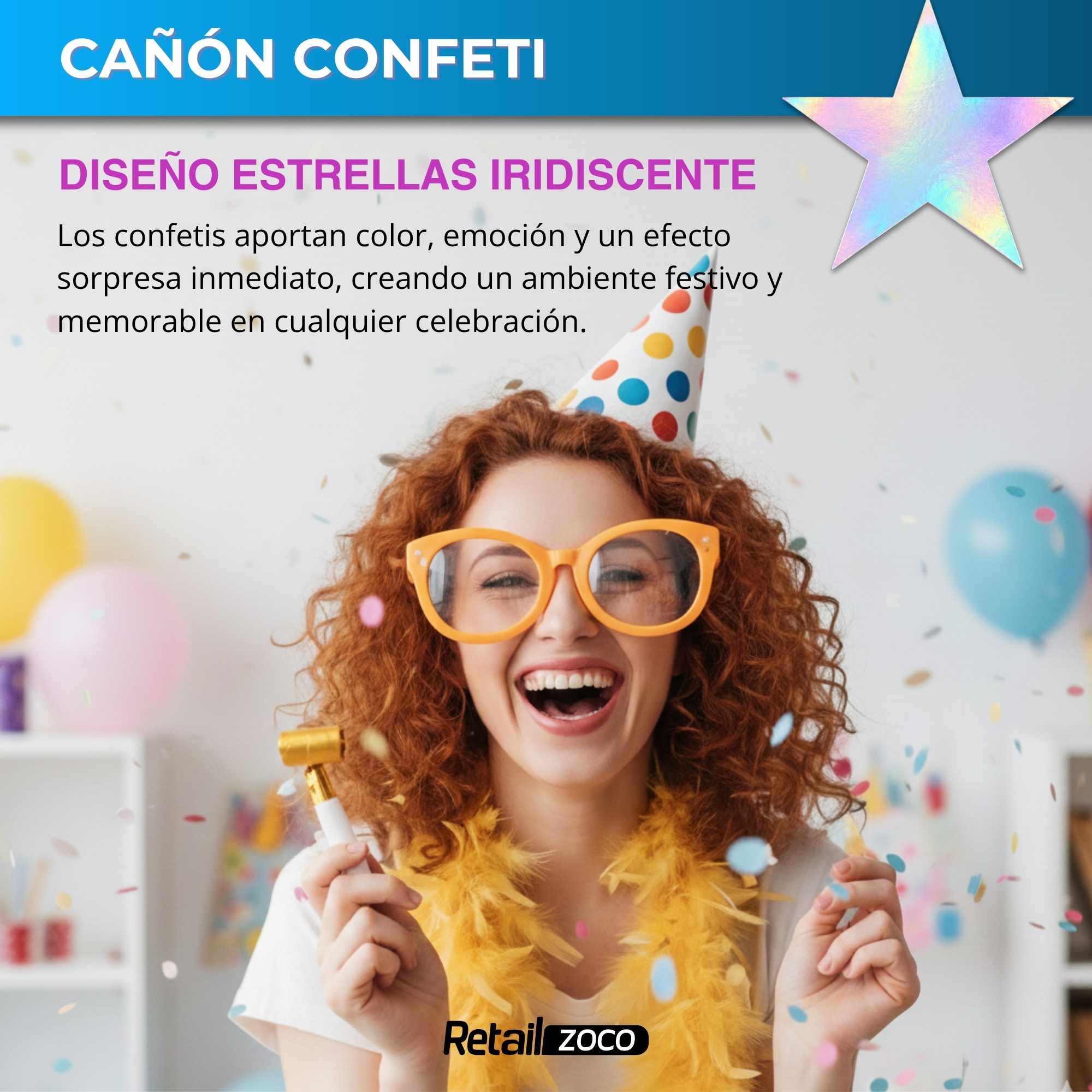Cañón confeti de fiesta Estrellas Iridiscente 30 cm - imagen 2
