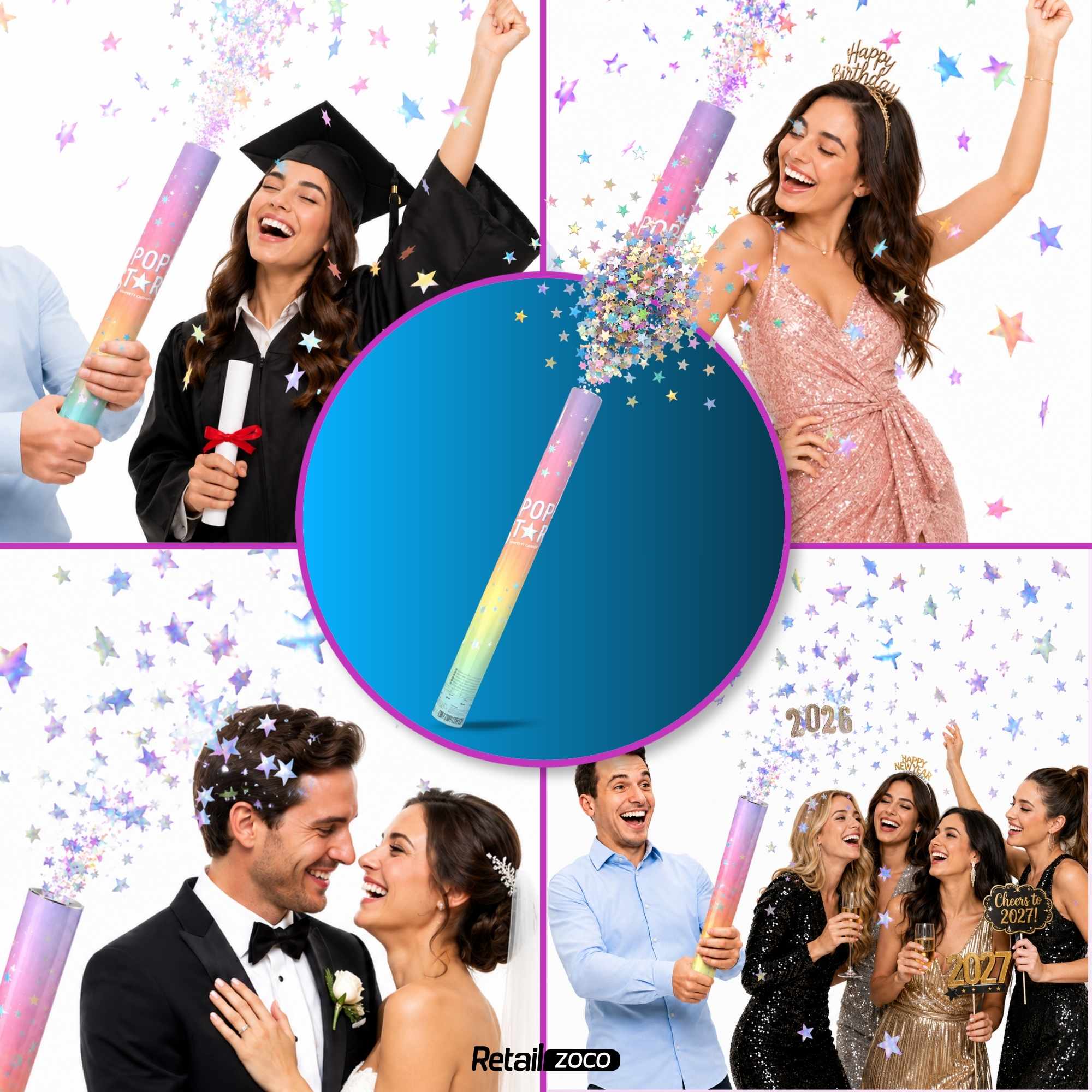 Cañón confeti de fiesta Estrellas Iridiscente 30 cm - imagen 3