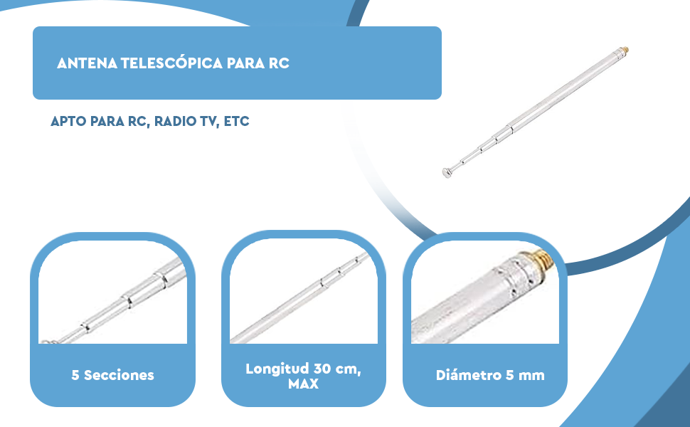 Banner - Antena telescopica 5 secciones y 3 mm de diametro rosca para RC Plateado
