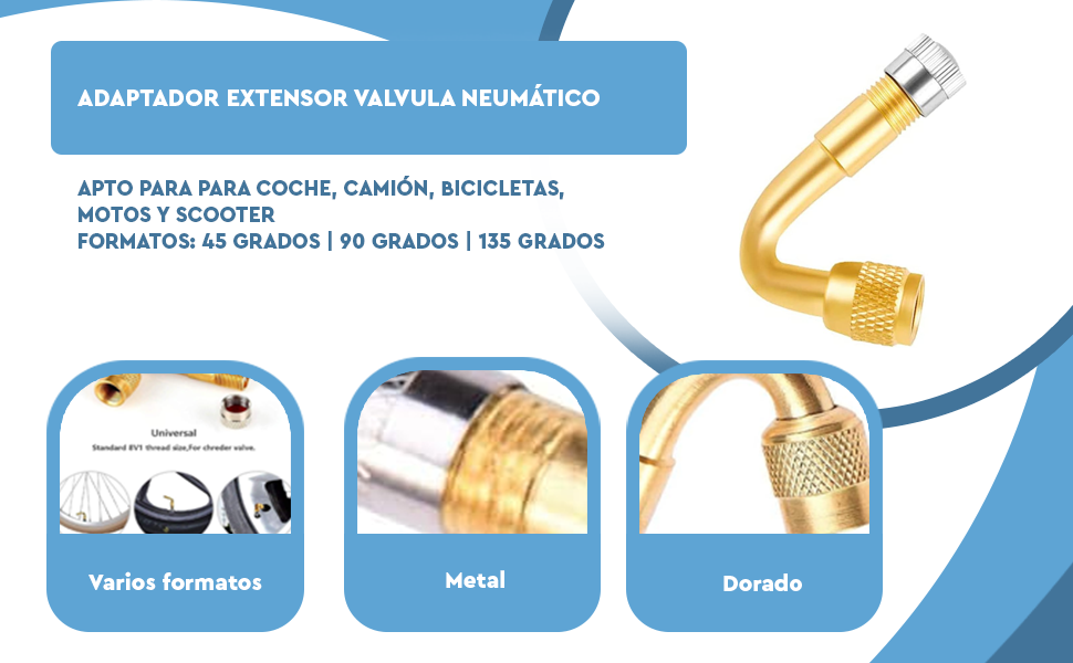 Banner - Adaptador extensor valvula neumatico curva de 135 grados dorado