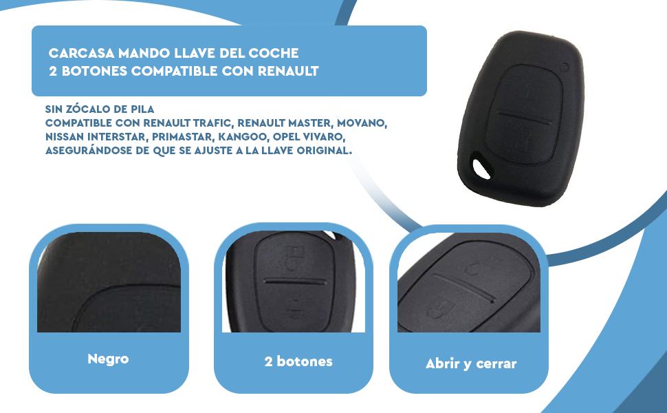 Banner - Carcasa mando llave del coche 2 botones compatible con Vauxhall Opel Vivaro Renault Trafic negro