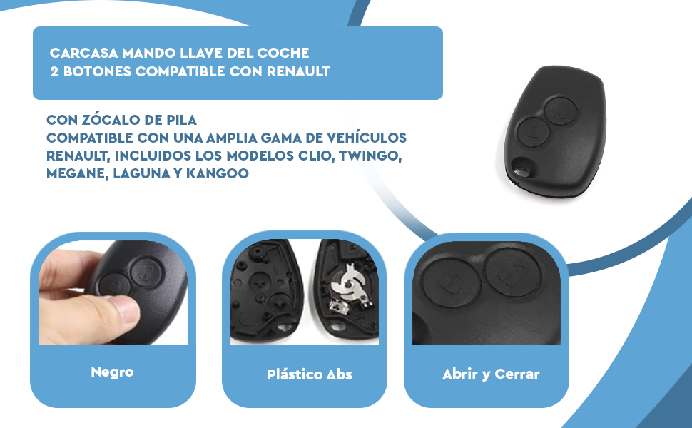 Banner - Carcasa mando llave del coche 2 botones compatible con Renault Clio, Twingo, Megane, Laguna y Kangoo negro