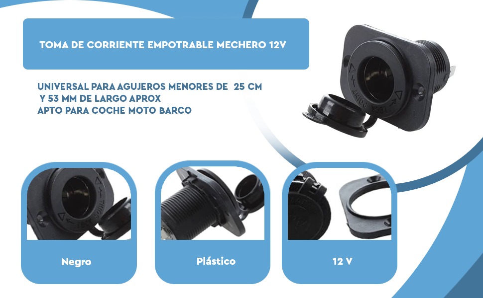 Banner - Toma de Corriente Empotrable Mechero 12V para Coche Moto Barco negro