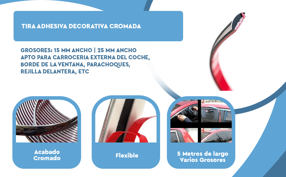 Banner - Tira adhesiva decorativa cromada 15 mm x 5 metros niquel