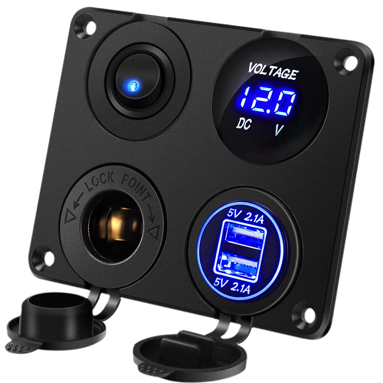 Panel  4 en 1 con cargador Dual USB y Toma de Corriente 12V LED azul