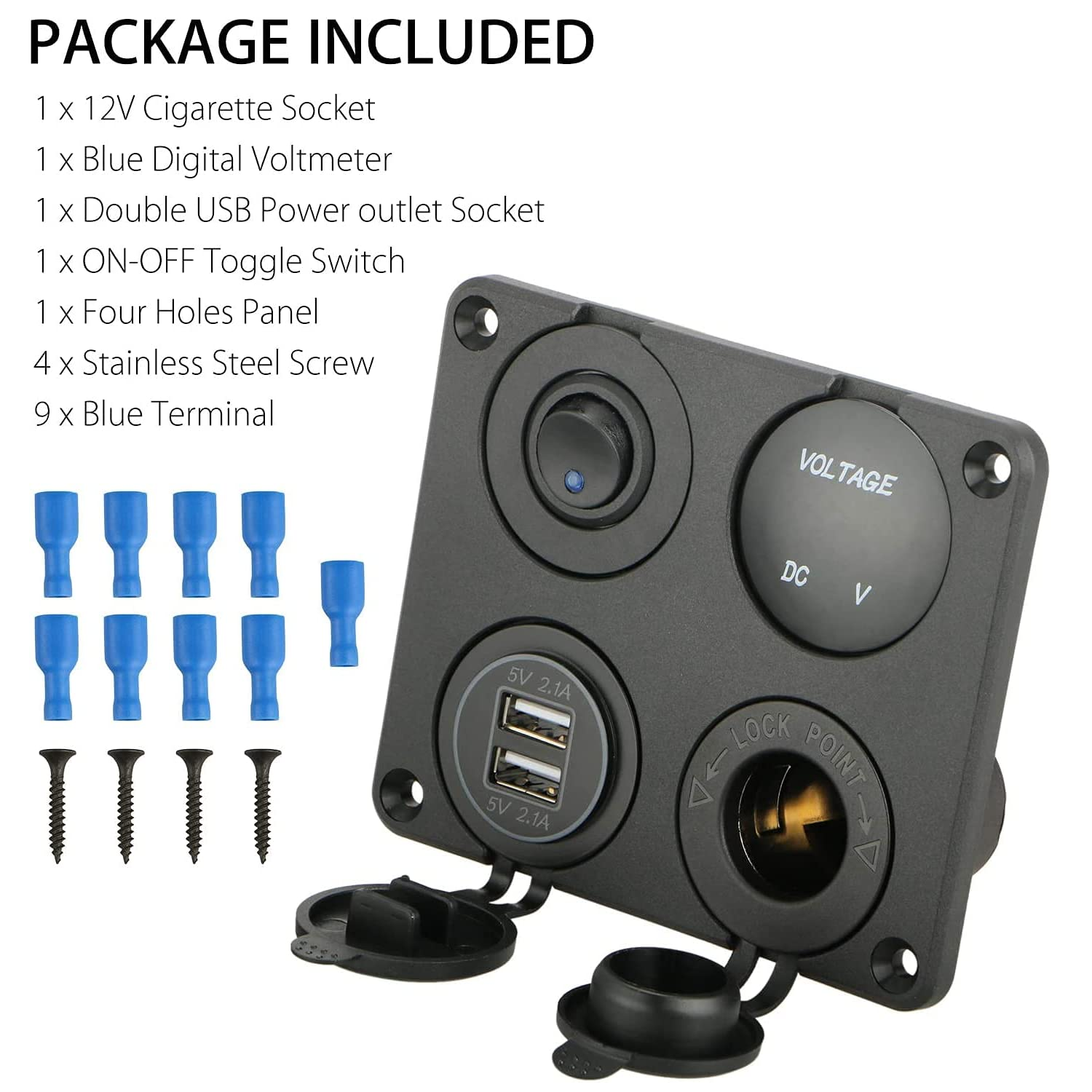 Panel  4 en 1 con cargador Dual USB y Toma de Corriente 12V LED azul - imagen 2