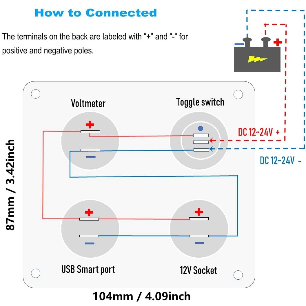 Panel  4 en 1 con cargador Dual USB y Toma de Corriente 12V LED azul - imagen 3