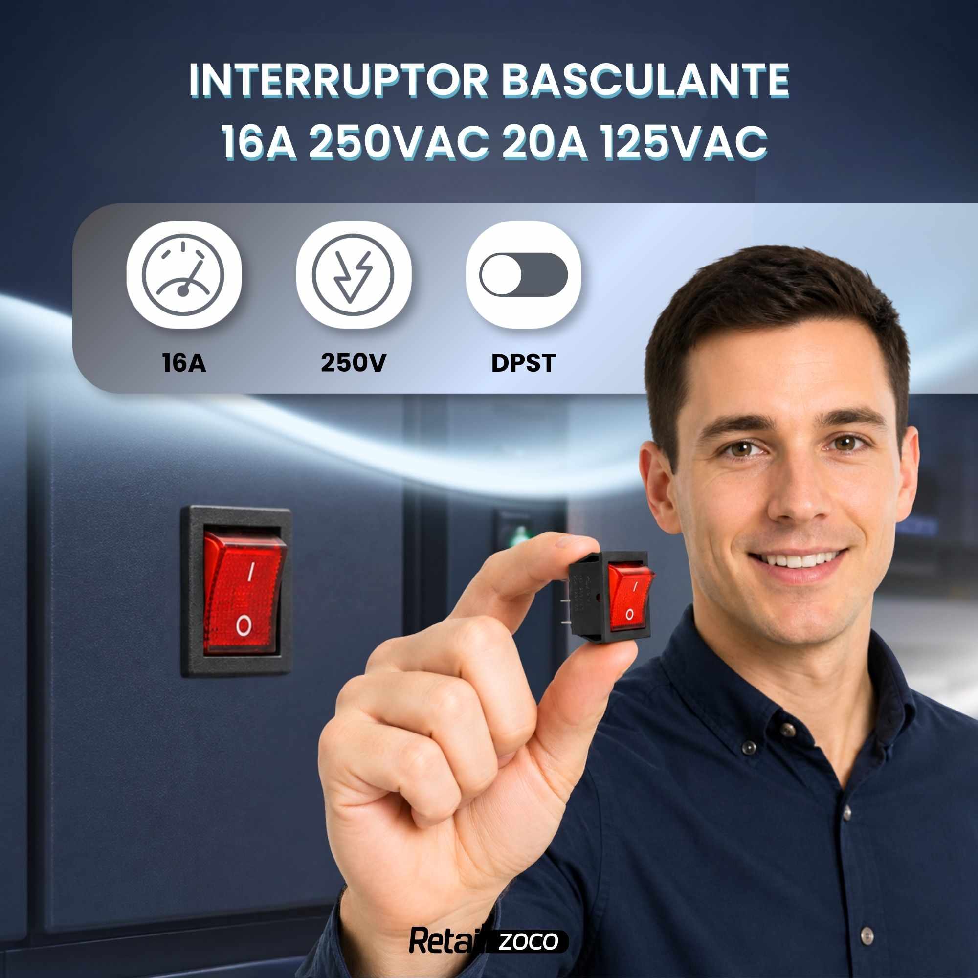 Interruptor basculante DPST ON/OFF 4 pin 16A luz roja - imagen 2
