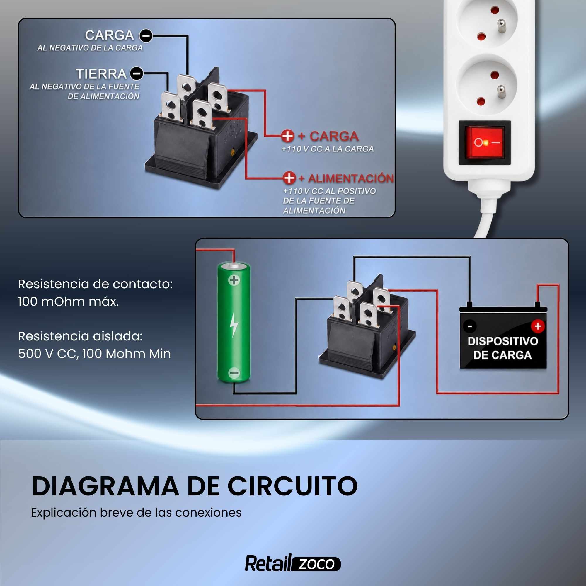 Interruptor basculante DPST ON/OFF 4 pin 16A luz roja - imagen 4