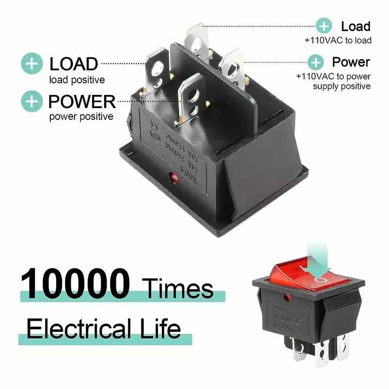 Interruptor basculante DPST ON/OFF 4 pin 16A luz roja - imagen 3