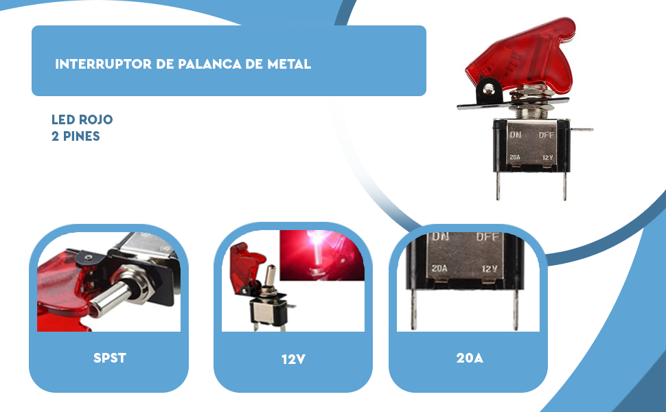 Banner - Interruptor de palanca LED de metal Flick Flip 12V 20A PDT ON/OFF 2 pines led rojo