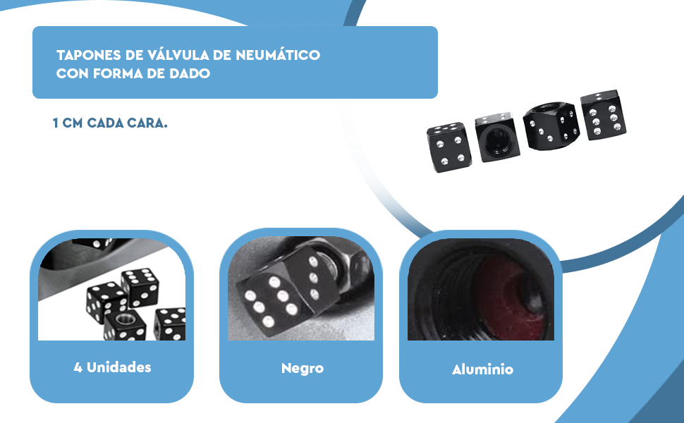 Banner - Tapon de aluminio forma dado para valvula de neumatico (4 uds) negro