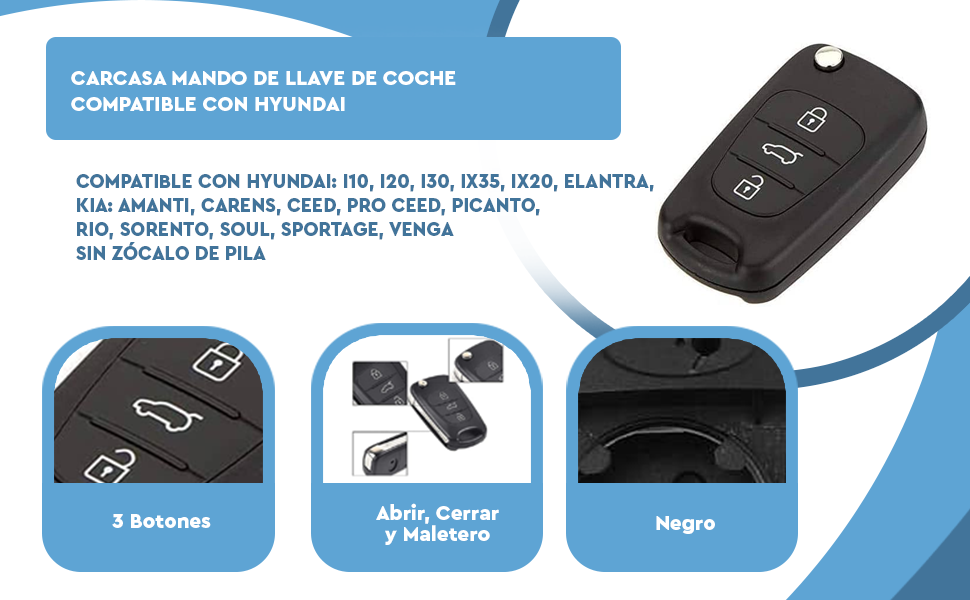 Banner - Carcasa mando llave coche 3 botones compatible con Hyundai Negro