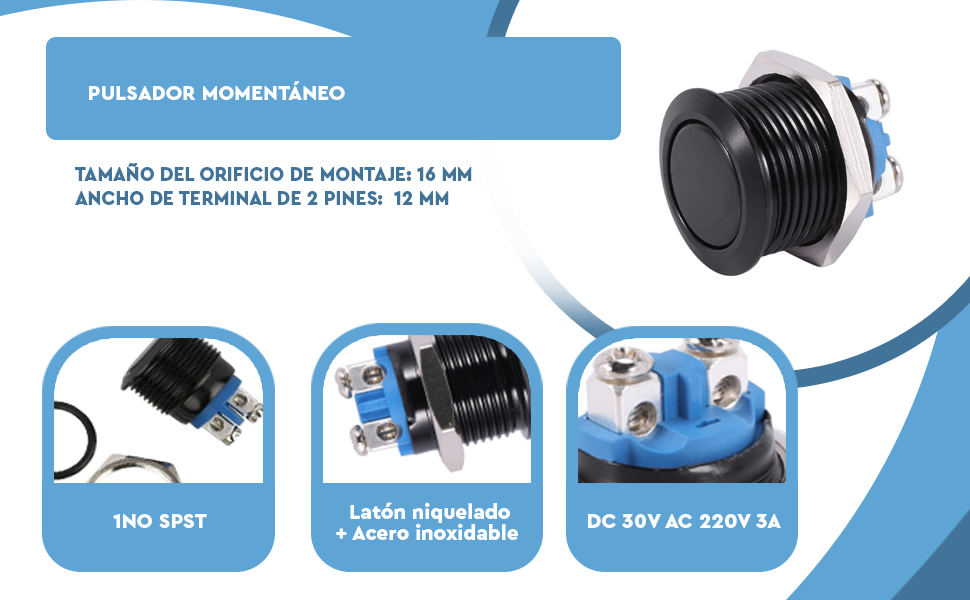 Banner - Interruptor pulsador momentaneo de Metal 16 mm 12V