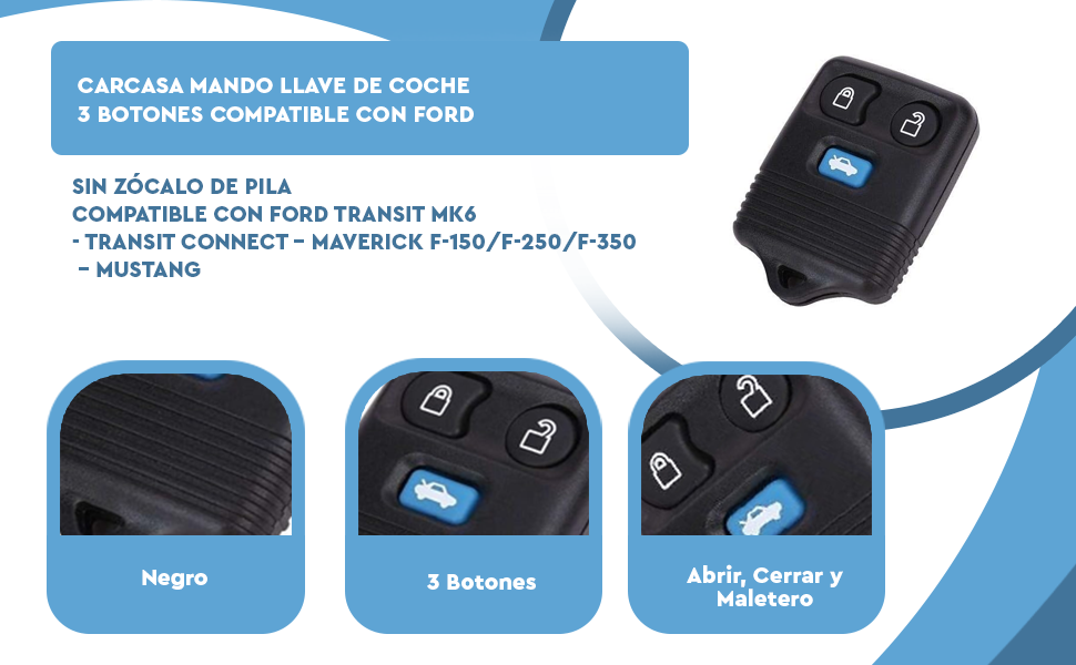 Banner - Carcasa mando llave del coche 3 botones compatible con Ford Transit