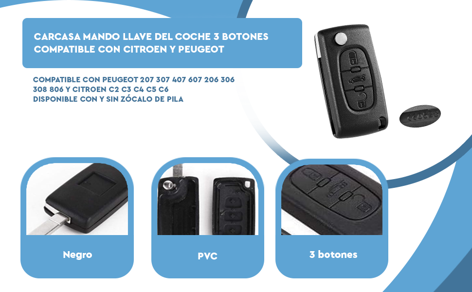 Banner - Carcasa mando llave del coche 3 botones compatible con peugeot  y citroen negro