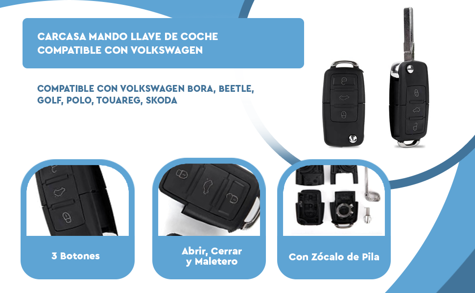 Banner - Carcasa mando llave del coche 3 botones compatible con VW negro