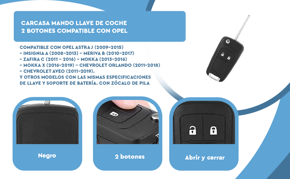 Banner - Carcasa mando llave del coche 2 botones compatible con Opel negro