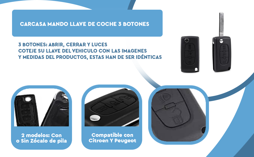 Banner - Carcasa mando llave del coche 3 botones compatible con citroen y peugeot negro v2