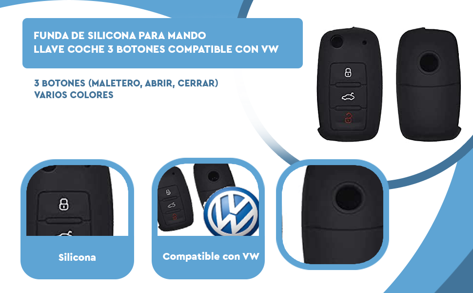 Banner - Funda silicona mando llave del coche 3 botones compatible con VW Skoda Seat negro