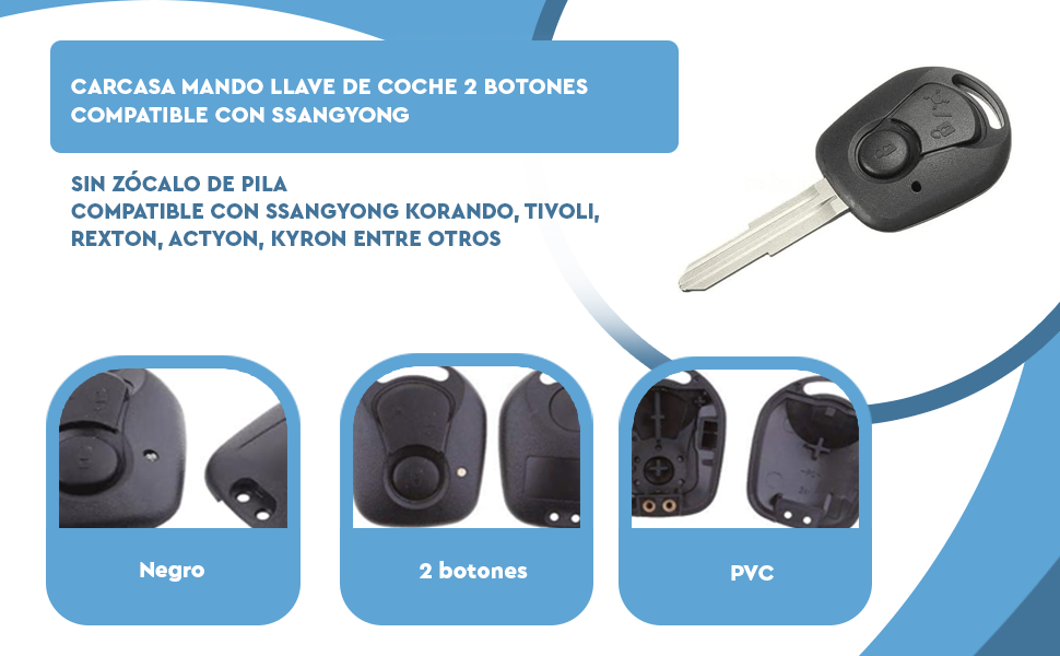Banner - Carcasa mando llave de coche 2 botones compatible con SsangYong