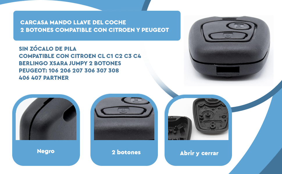 Banner - Carcasa mando llave de coche 2 botones compatible con Citroen negro