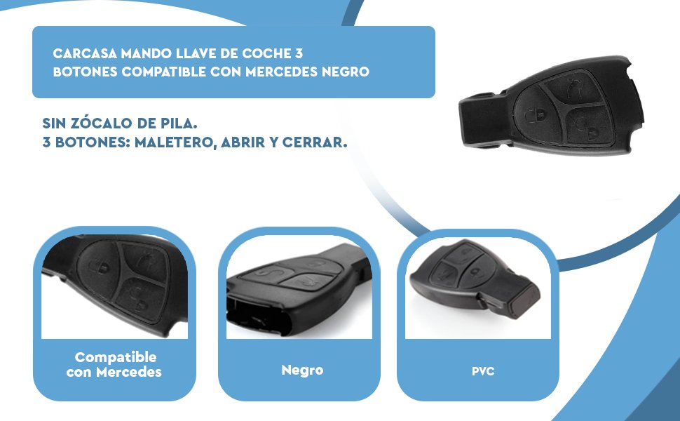 Banner - Carcasa mando llave de coche 3 botones compatible con Mercedes negro