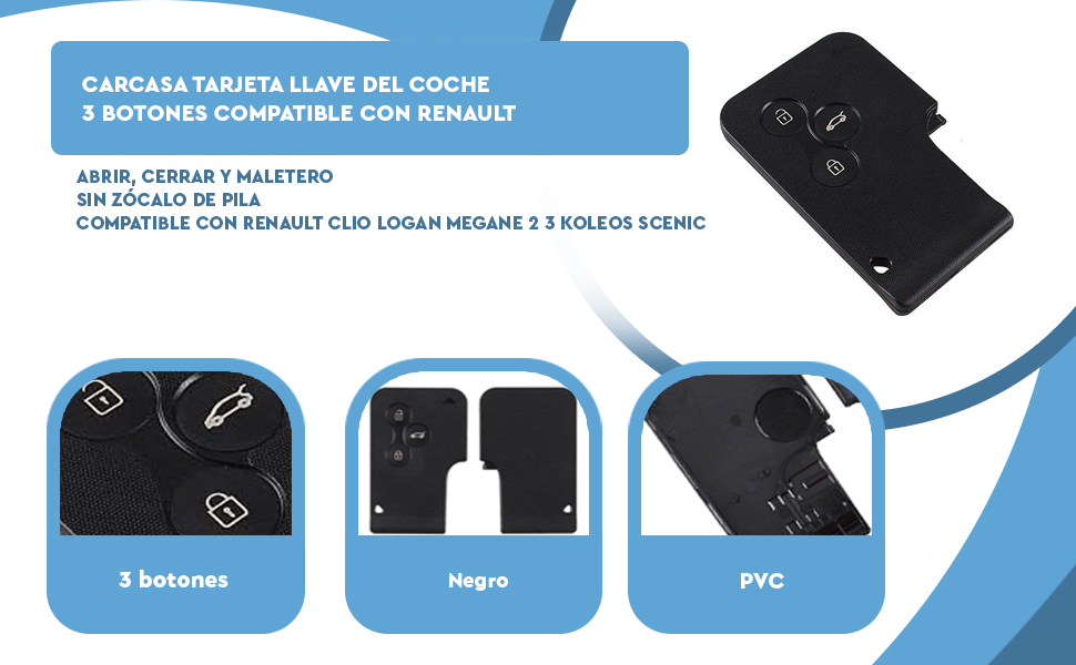 Banner - Carcasa mando llave del coche 3 botones compatible con Renault megane negro