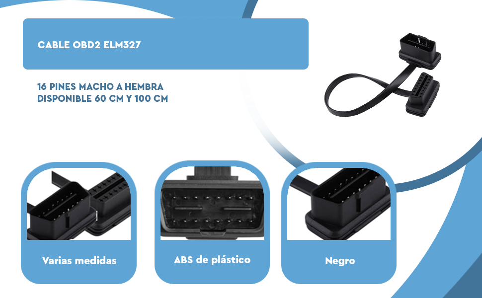 Banner - Cable OBD2 ELM327 alargador 16 pines macho a hembra acodado 60 cm negro