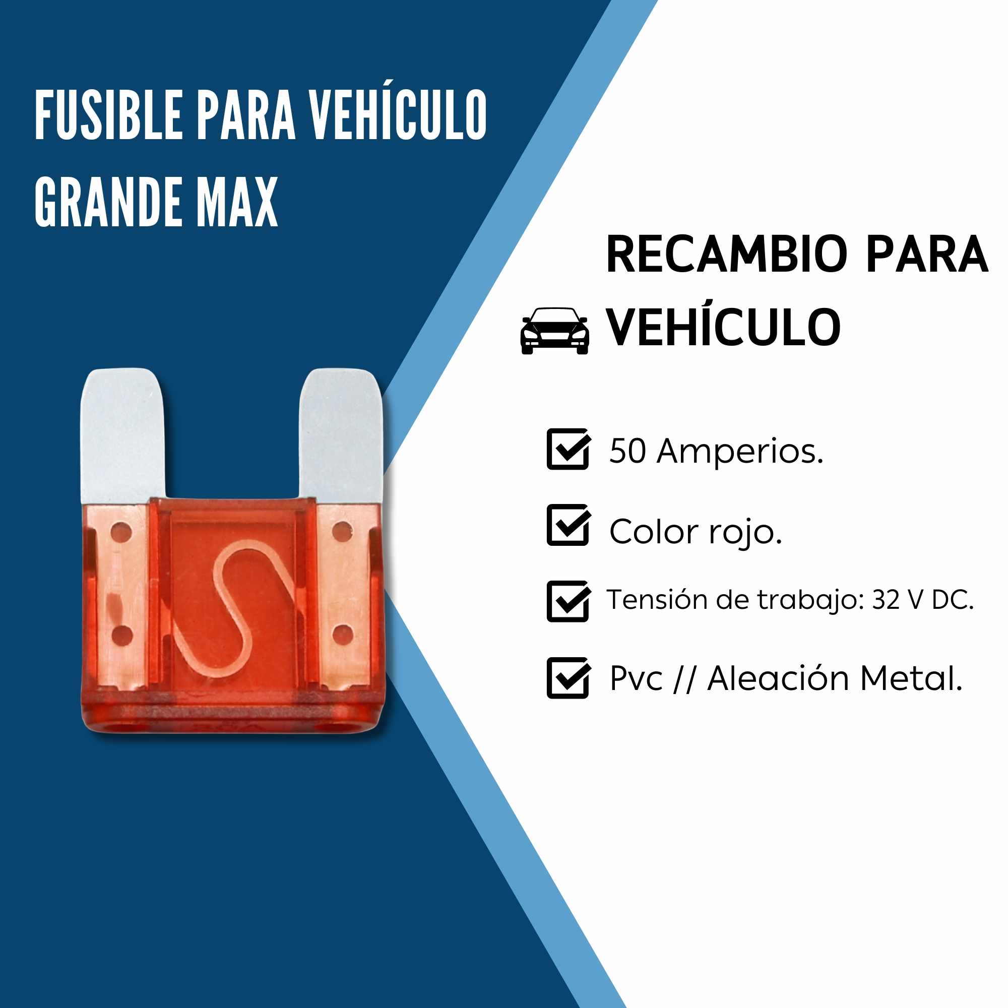 Fusible para vehiculo 50A 32V DC grande maxi rojo - imagen 2