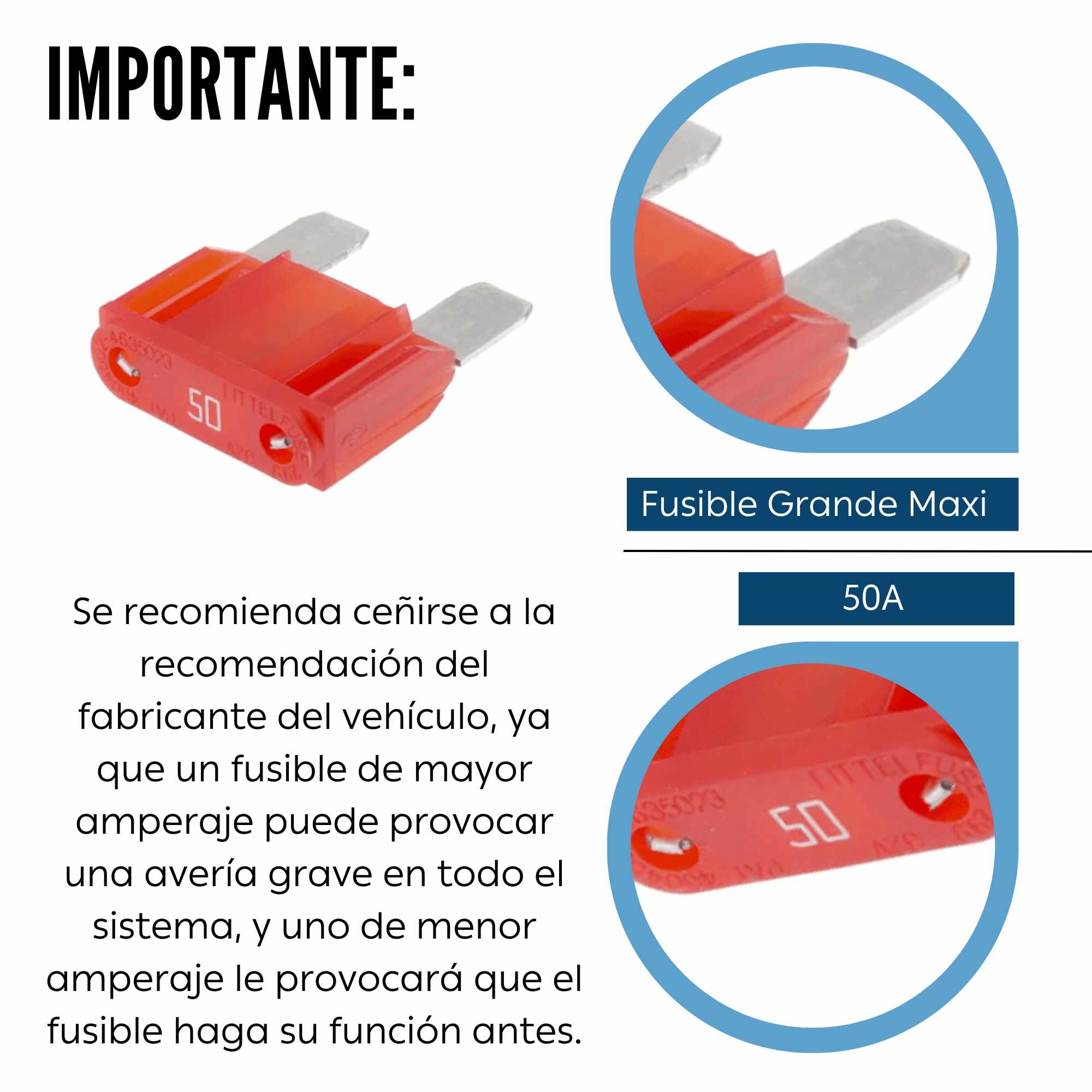 Fusible para vehiculo 50A 32V DC grande maxi rojo - imagen 4