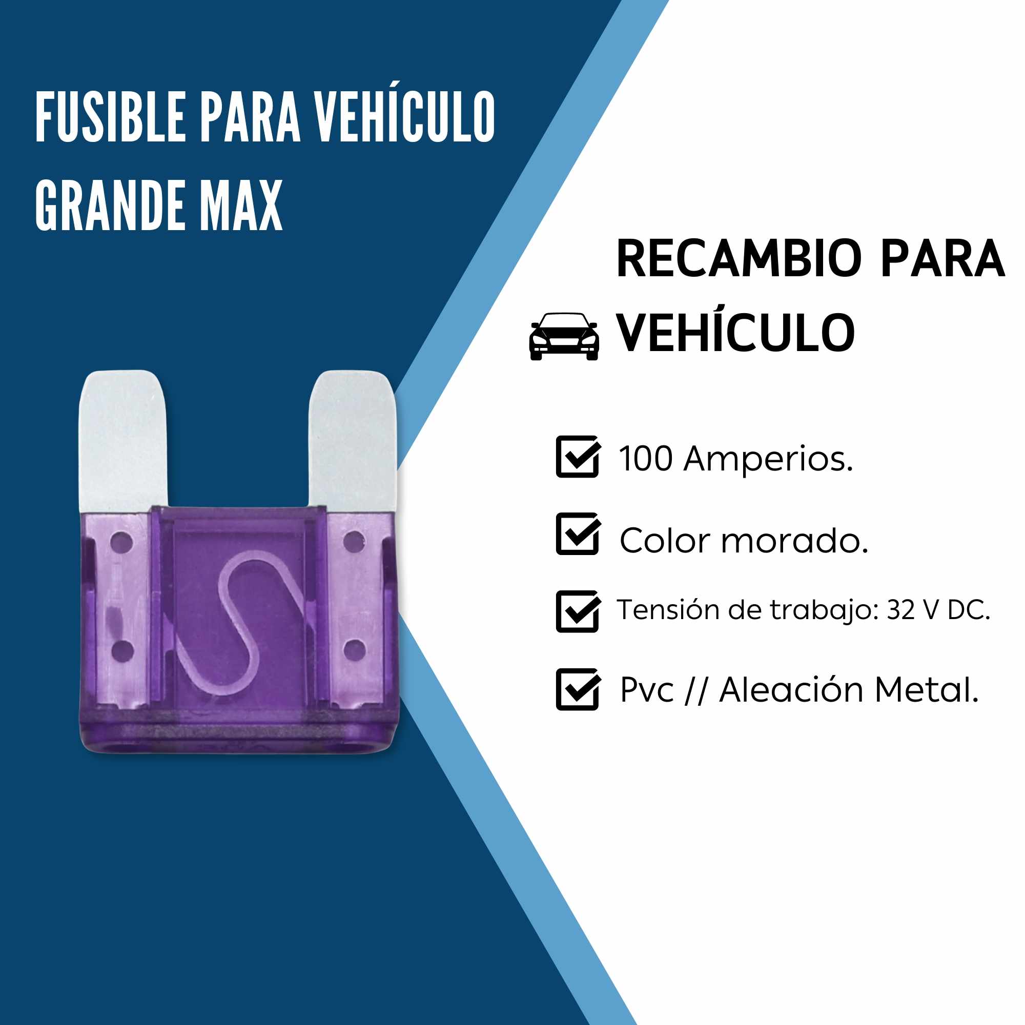 Fusible para vehiculo 100A 32V DC grande maxi violeta - imagen 2