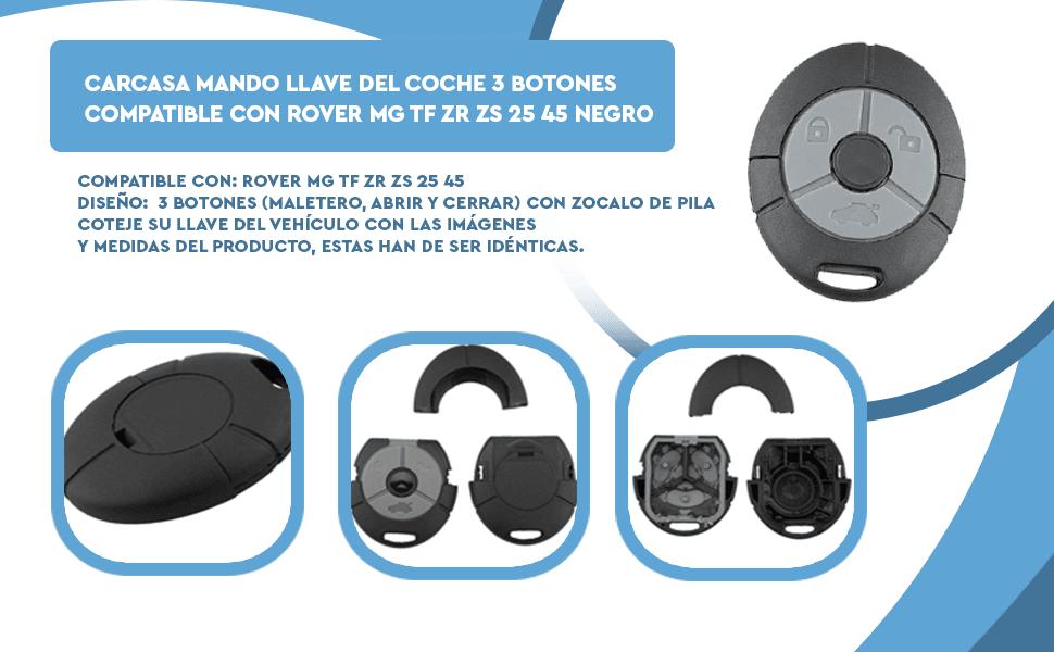 Banner - Carcasa mando llave del coche 3 botones compatible con Rover MG TF ZR Zs 25 45 negro