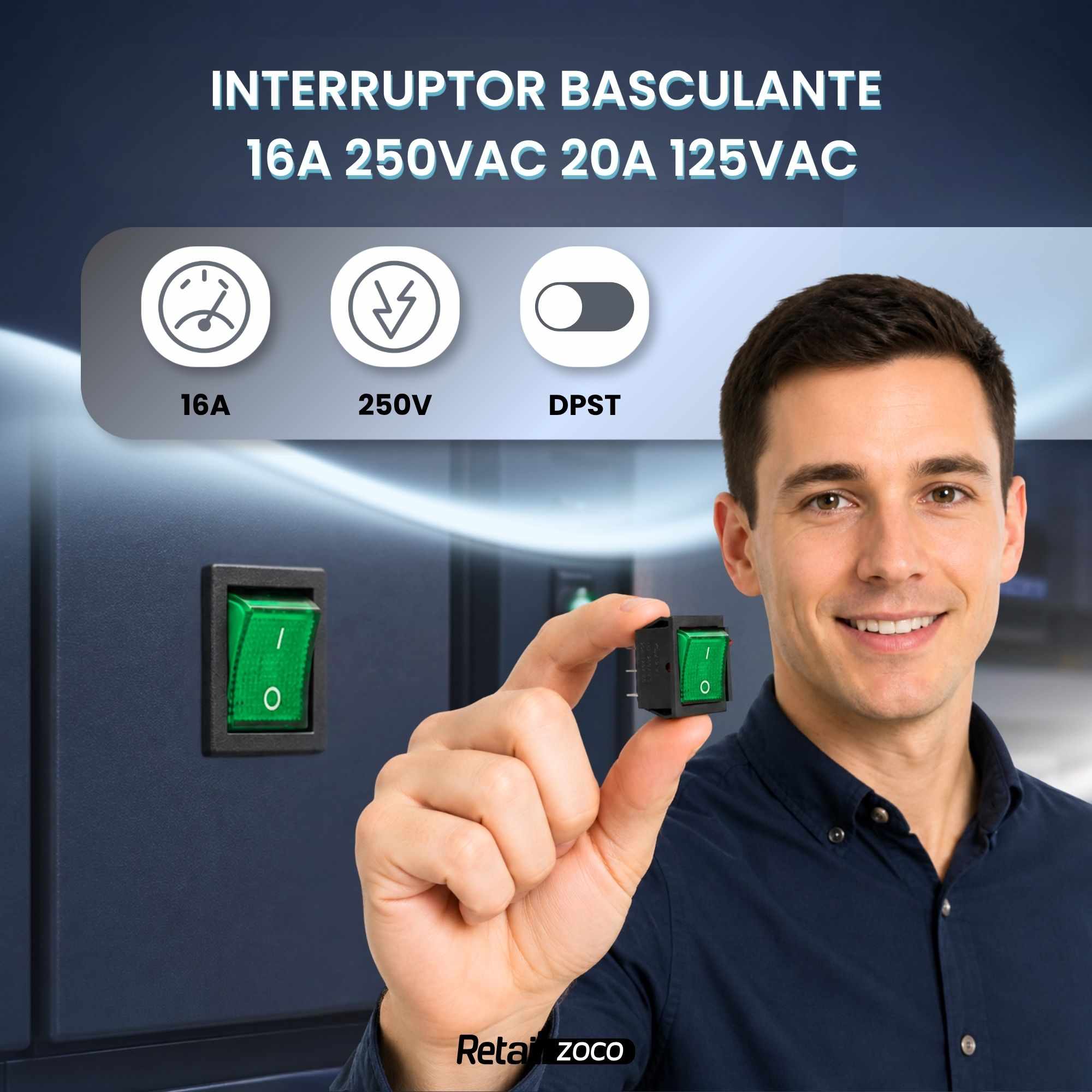 Interruptor basculante DPST ON/OFF 4 pin 16A verde - imagen 2