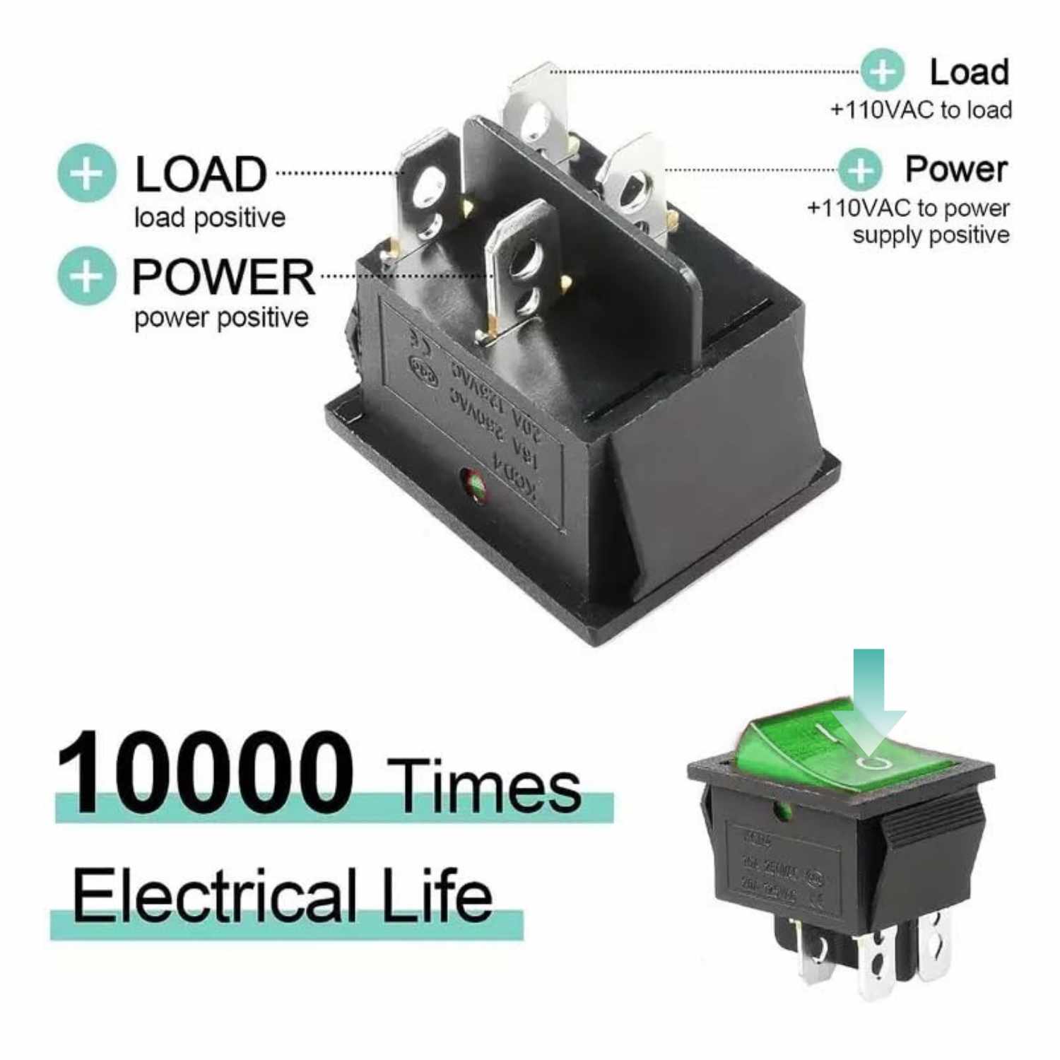 Interruptor basculante DPST ON/OFF 4 pin 16A verde - imagen 5