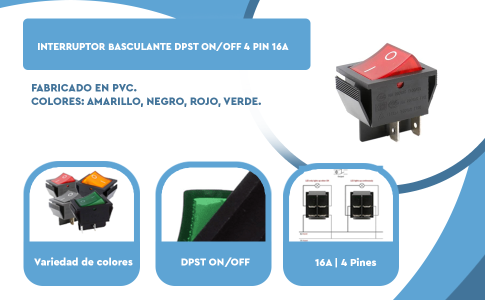 Banner - AUTOZOCO Interruptor Basculante DPST ON/OFF 4 pin, Interruptor Basculante DPST de Encendido y Apagado, Interruptor de Encendido/Apagado de Dos polos y Cuatro Terminales, 250 V - 16A, PVC, Luz Verde