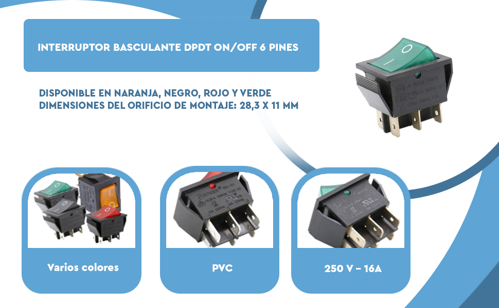 Banner - Interruptor basculante DPDT ON/OFF 6 pin 16A verde