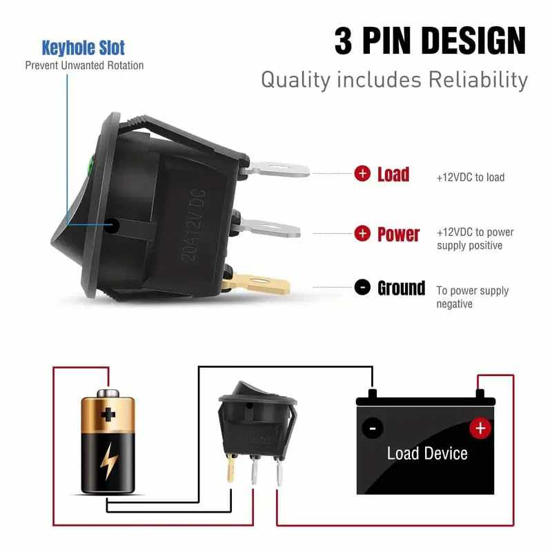 Interruptor redondo basculante de 3 vias ON/OFF 20 A con luz verde - imagen 2