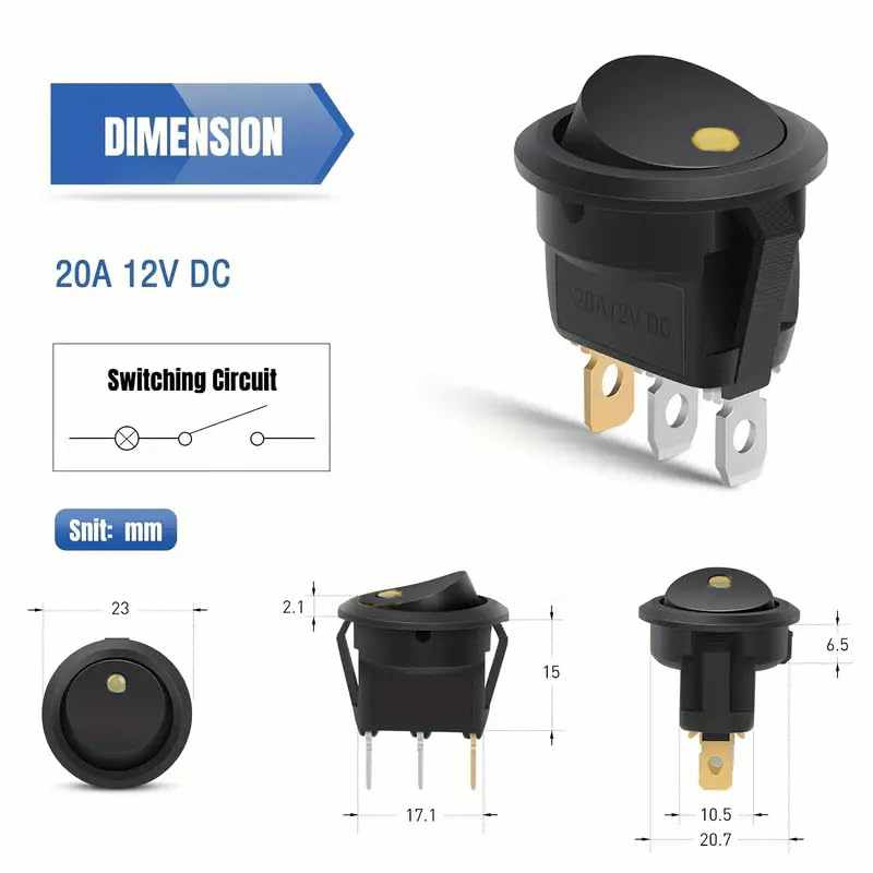 Interruptor redondo basculante de 3 vias ON/OFF 20 A con luz amarillo - imagen 7