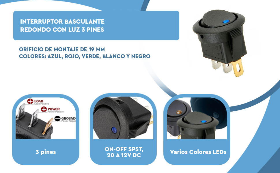 Banner - Interruptor redondo basculante de 3 vias ON/OFF 20 A con luz blanco