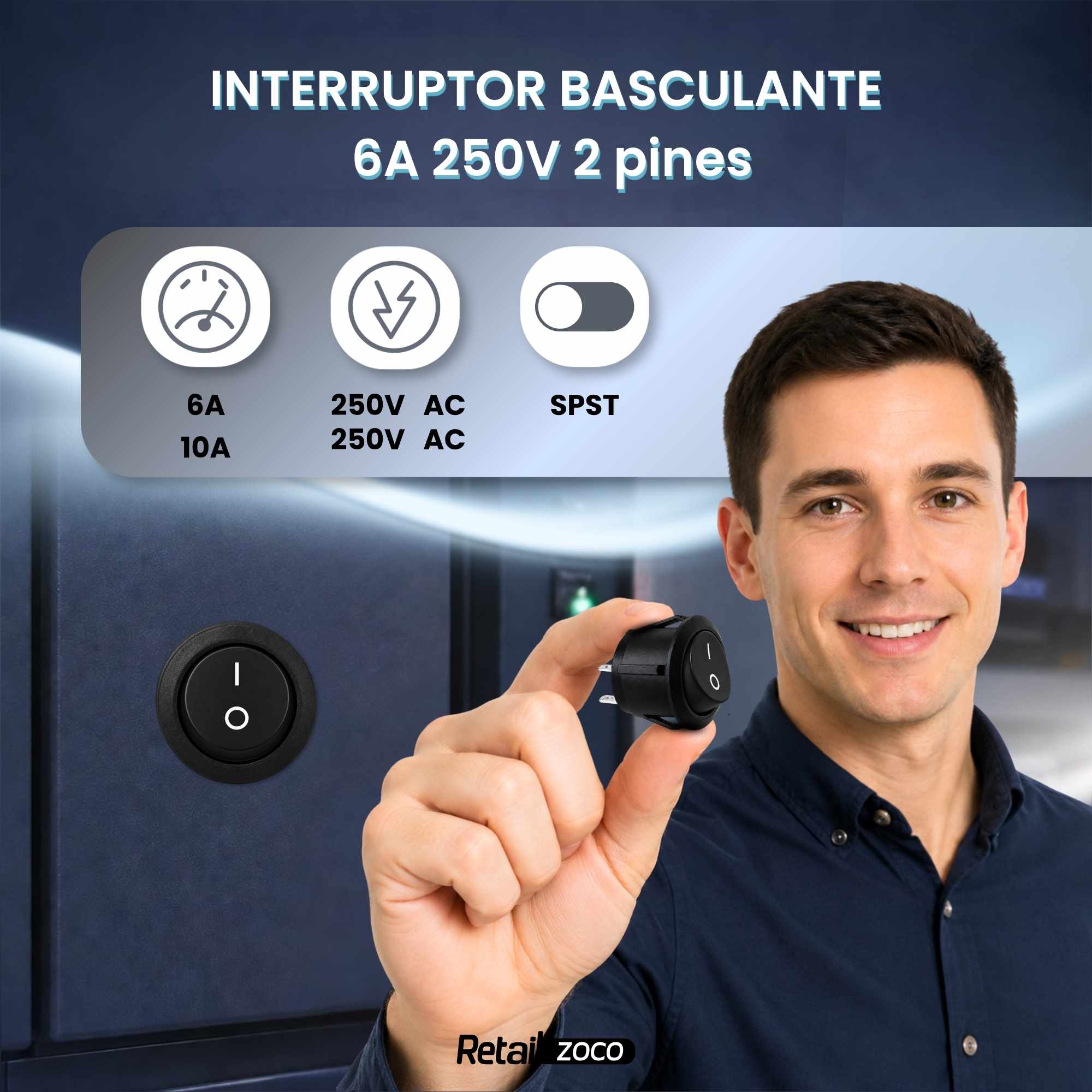 Interruptor redondo basculante de 2 vias ON/OFF 6A negro - imagen 1