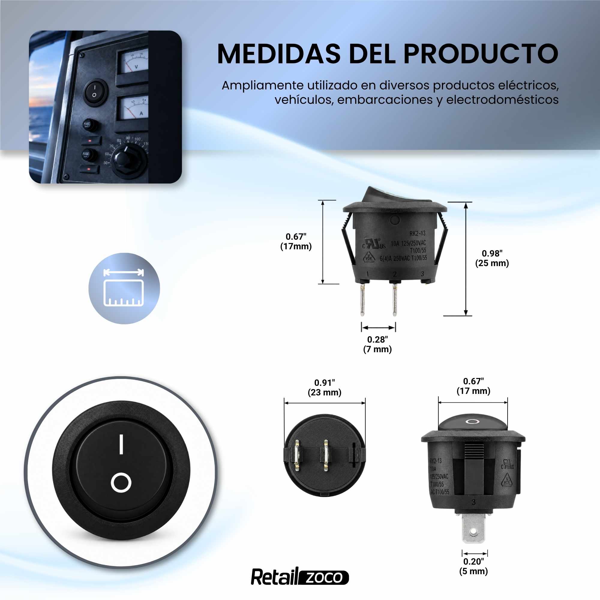 Interruptor redondo basculante de 2 vias ON/OFF 6A negro - imagen 4