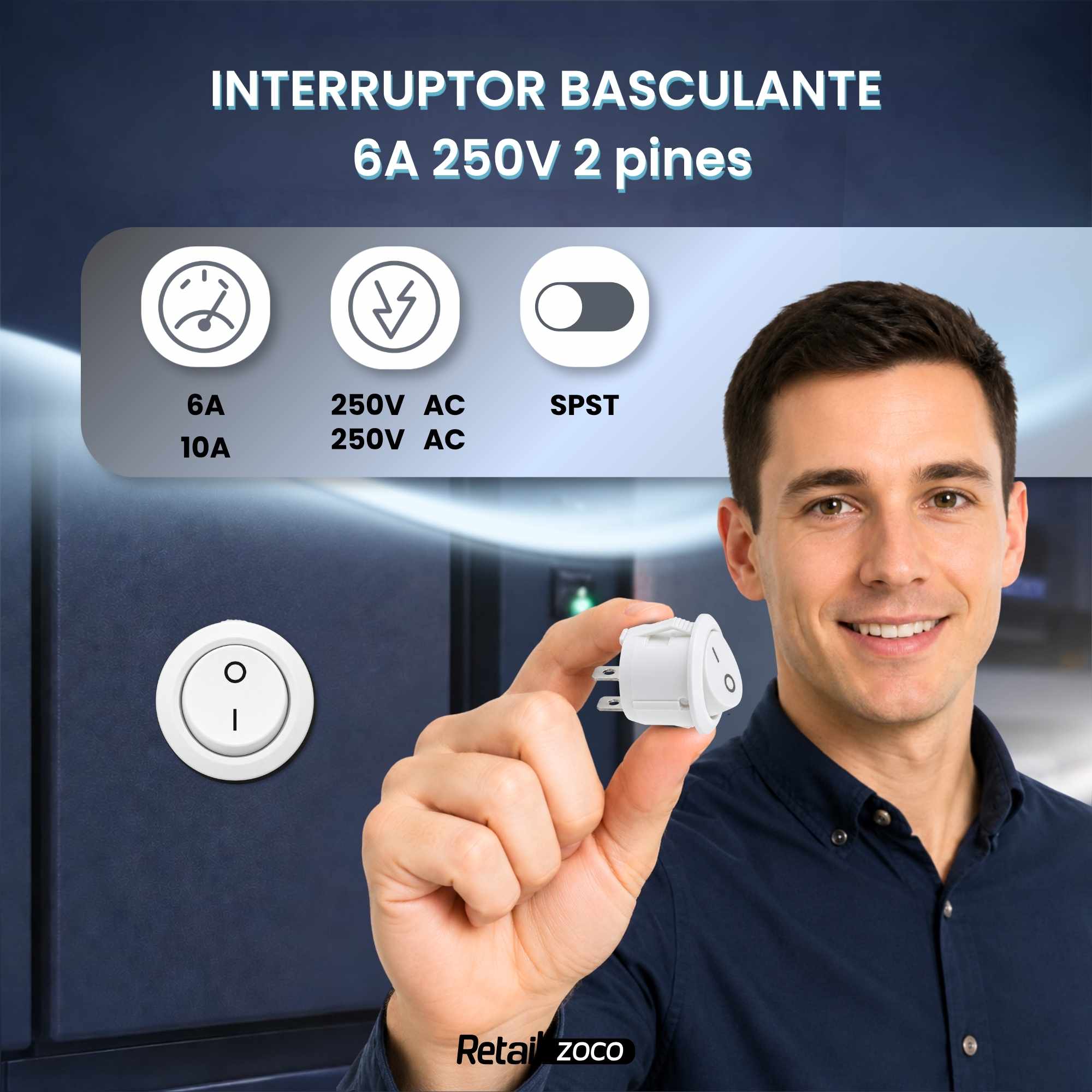 Interruptor redondo basculante de 2 vias ON/OFF 6A blanco - imagen 2
